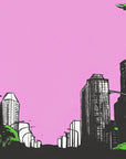 Papier Peint Pop Art - Skyline Rose et Soucoupes Volantes