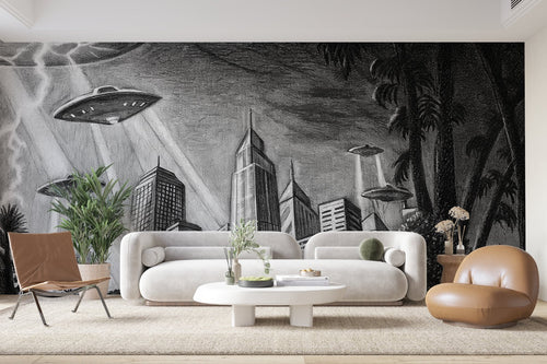 Papier Peint Noir et Blanc - Invasion Extraterrestre Urbaine