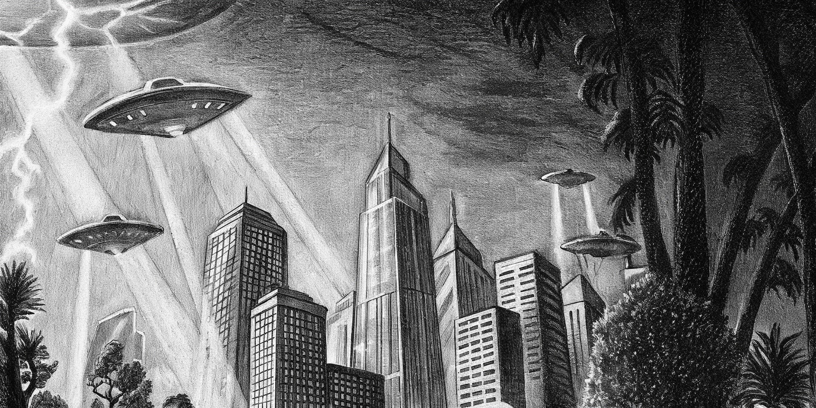 Papier Peint Noir et Blanc - Invasion Extraterrestre Urbaine