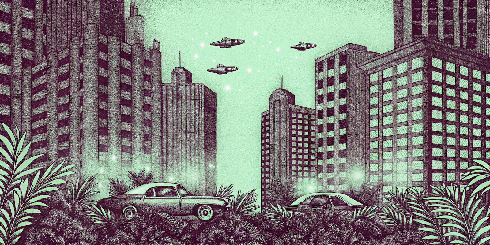 Papier Peint Illustration - Skyline Violet et Ciel Menthe