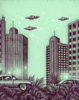 Papier Peint Illustration - Skyline Violet et Ciel Menthe