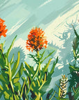 Papier Peint Floral - Fleurs Sauvages Orange sur Vert d'Eau