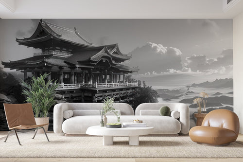 Zwart-wit behang - Japans tempel in de wolken