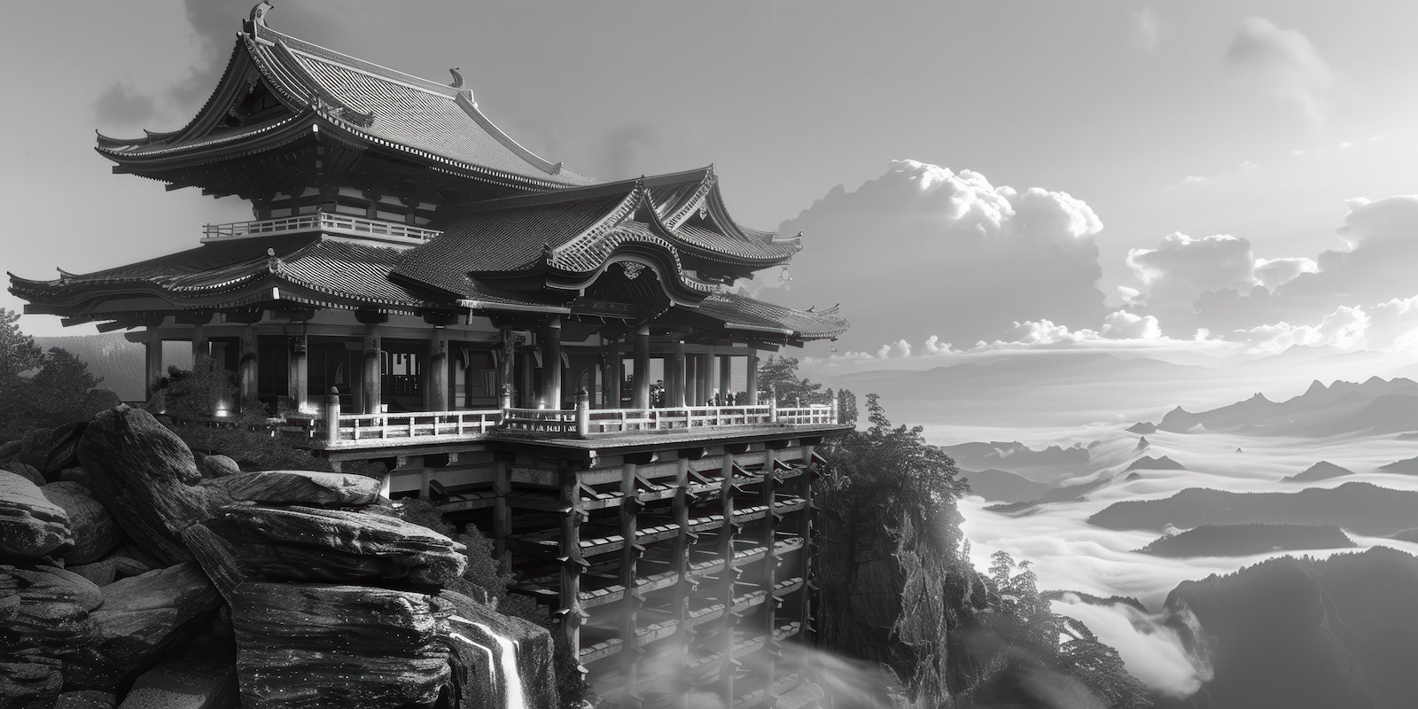 Papier Peint Noir et Blanc - Temple Japonais dans les Nuages