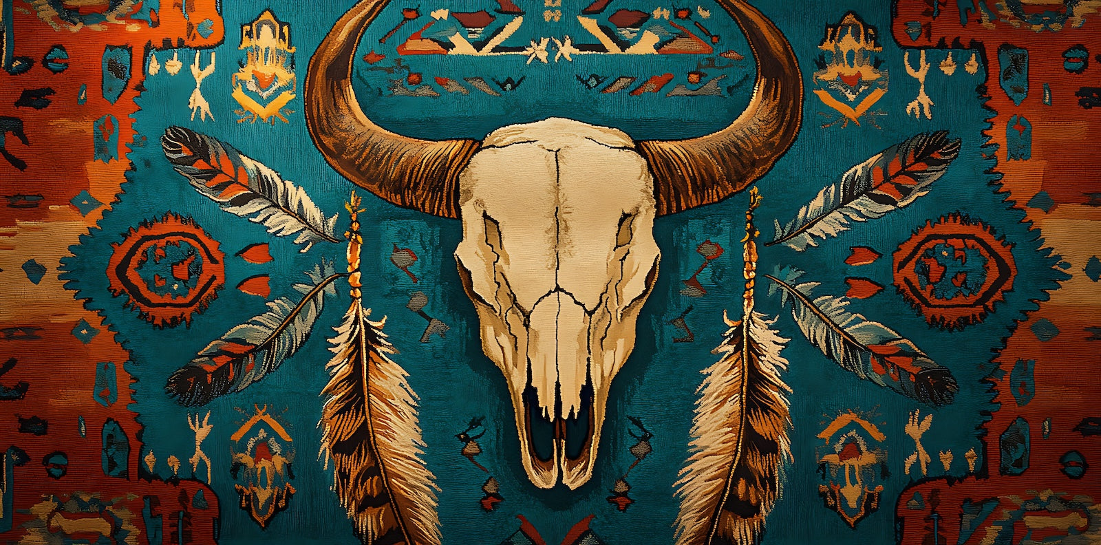 Papier Peint Bohème - Crâne de Bison Aztèque Turquoise