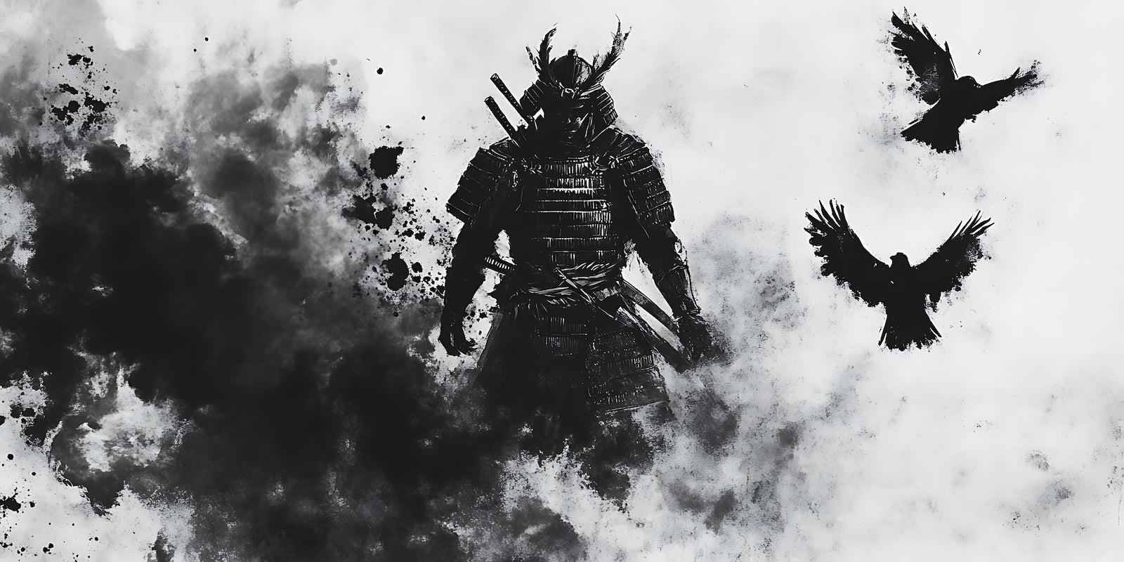 Papier Peint Samouraï - Guerrier et Corbeaux Encre