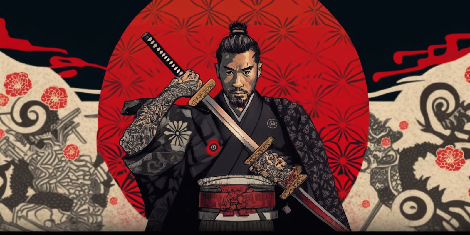 Papier Peint Samouraï - Guerrier au Sabre Soleil Rouge