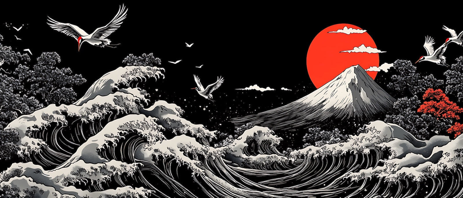 Papier Peint Japonais - Mont Fuji Grues et Soleil Rouge