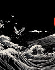 Papier Peint Japonais - Mont Fuji Grues et Soleil Rouge