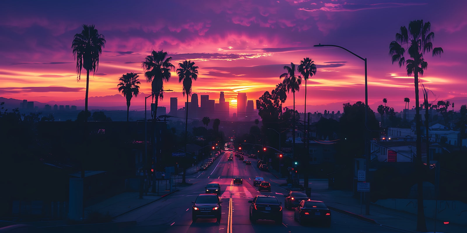 Papier Peint Miami - Coucher de Soleil sur Boulevard Palmiers