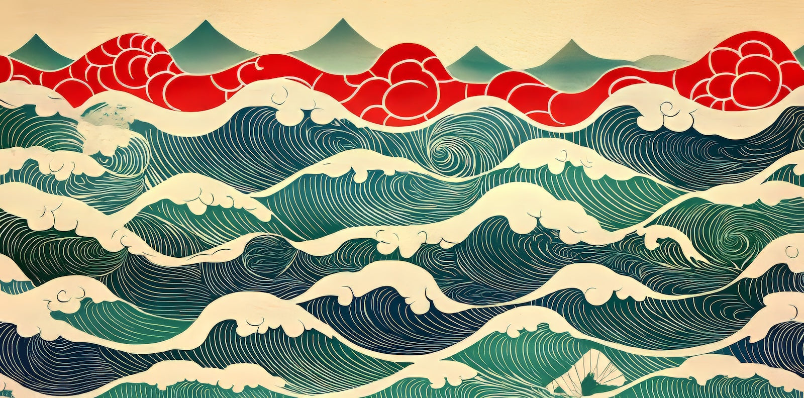 Papier Peint Japonais - Vagues Émeraude et Nuages Rouges