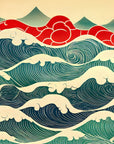 Papier Peint Japonais - Vagues Émeraude et Nuages Rouges