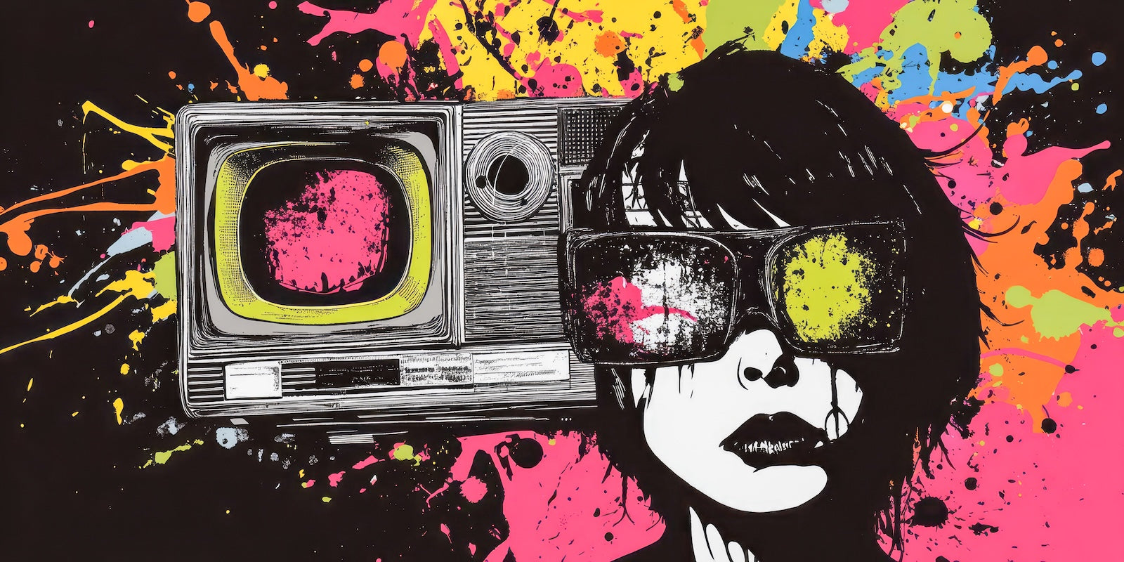 Papier Peint Pop Art - Portrait Rétro TV et Éclaboussures