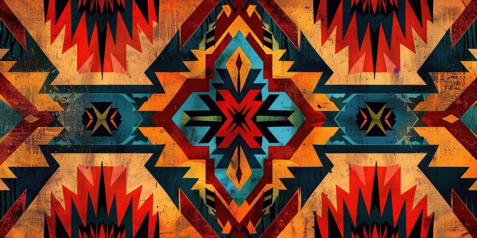 Papier Peint Bohème - Motif Aztèque Rouge et Turquoise