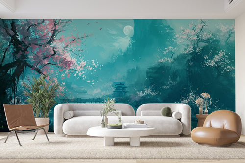 Japans behang - Kersenbomen en turquoise pagode