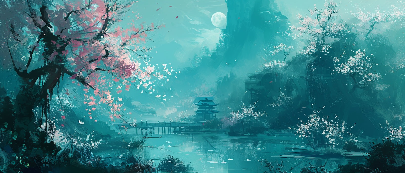 Papier Peint Japonais - Cerisiers et Pagode Turquoise