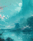 Papier Peint Japonais - Cerisiers et Pagode Turquoise