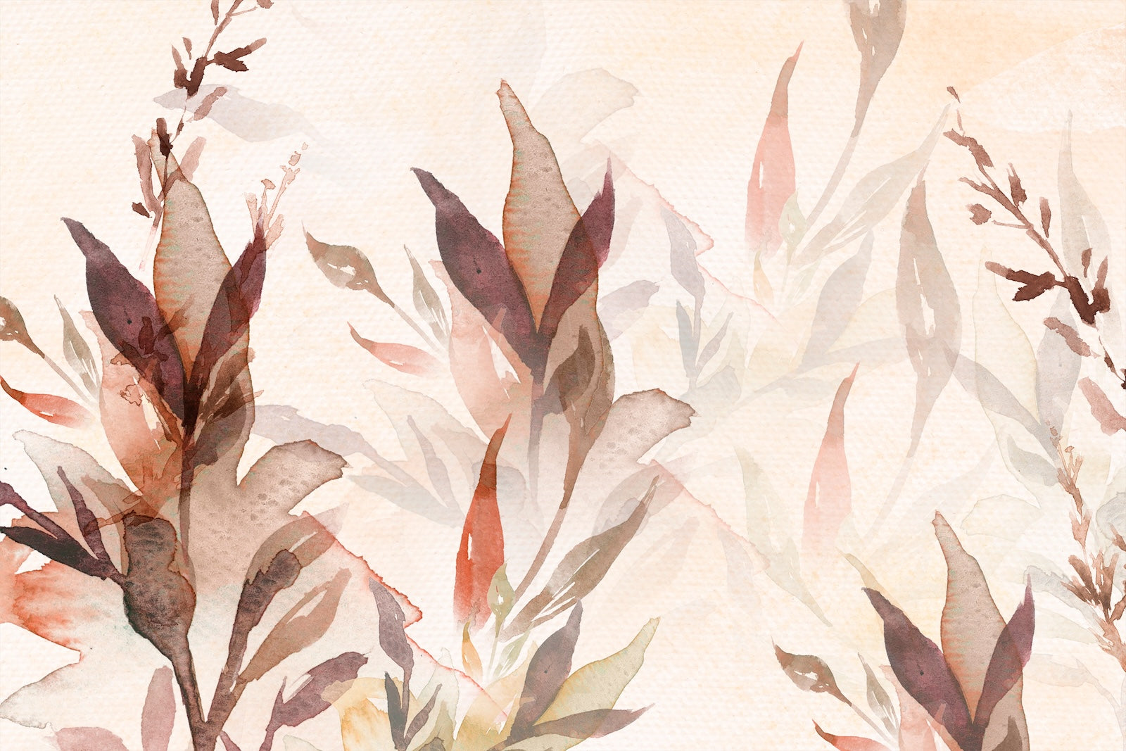 Papier Peint Aquarelle - Feuillage Bordeaux et Beige