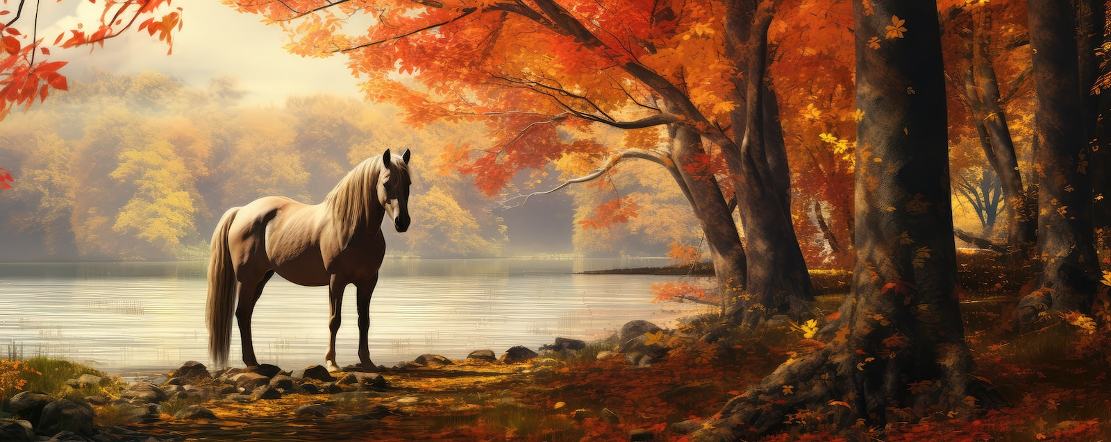 Papier Peint Animaux - Cheval au Bord du Lac Automnal