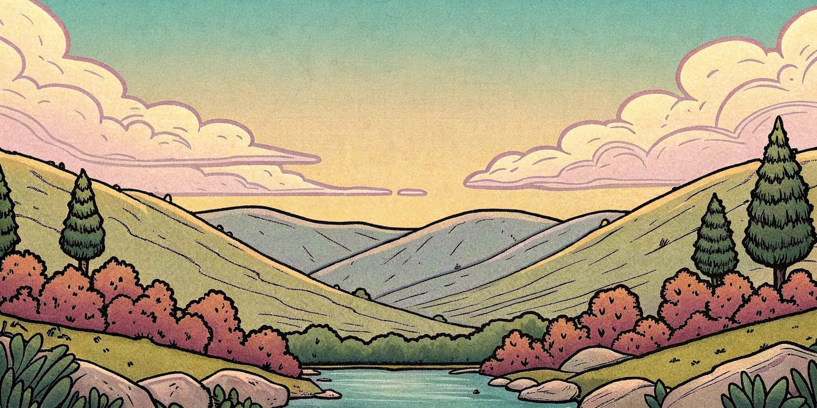 Papier Peint Illustration - Collines Vallonnées Pastel