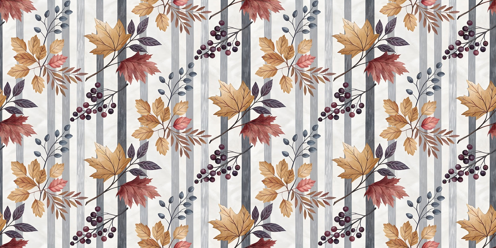 Papier Peint Feuillage - Rayures et Feuilles d'Érable Automnales