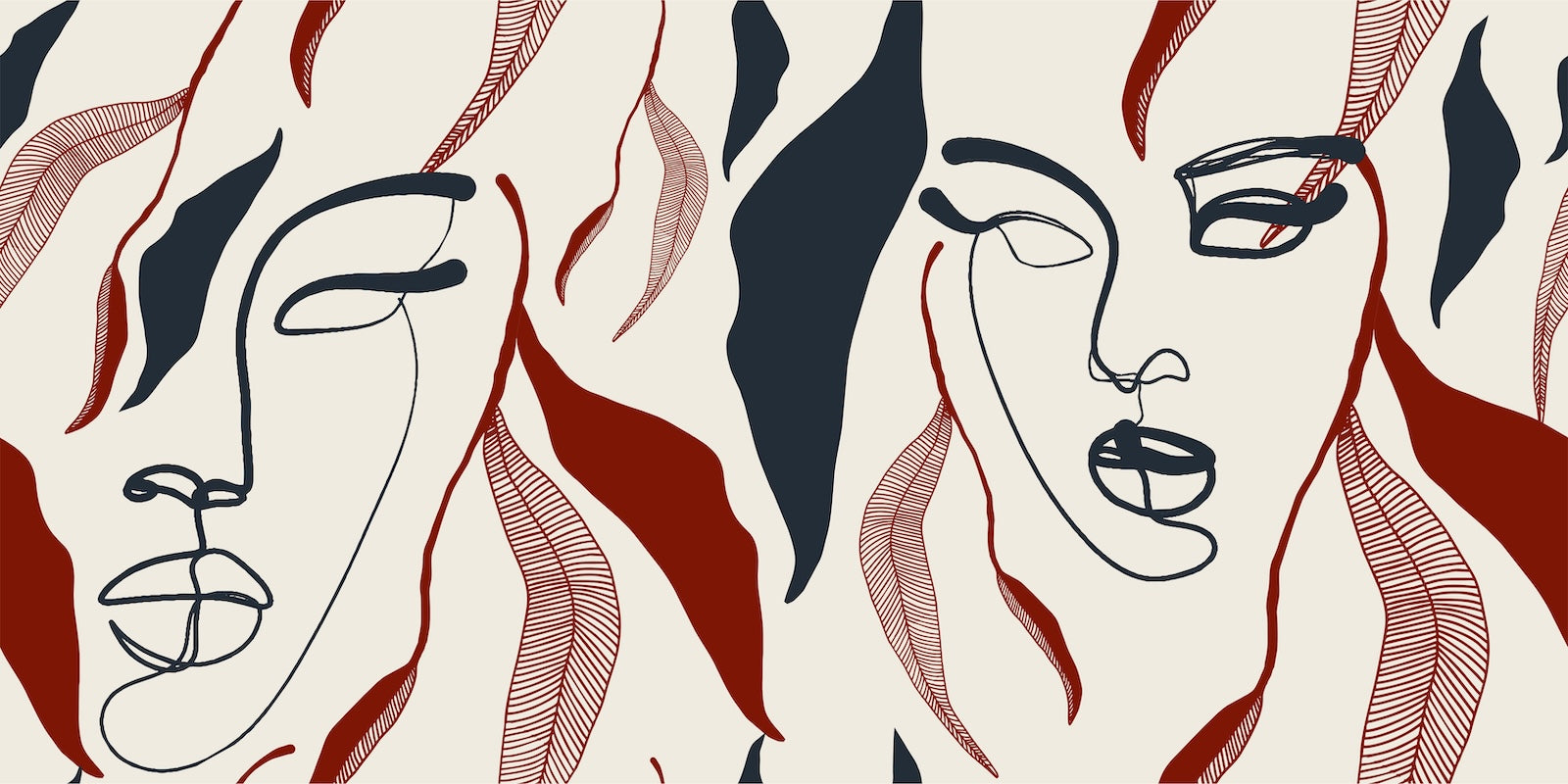 Papier Peint Line Art - Visage et Feuillage Marine et Rouge