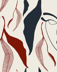 Papier Peint Line Art - Visage et Feuillage Marine et Rouge