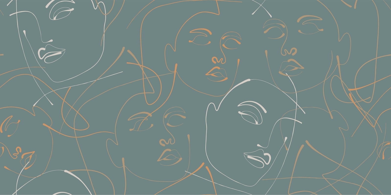 Papier Peint Line Art - Visages Dorés sur Bleu Canard