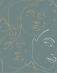 Papier Peint Line Art - Visages Dorés sur Bleu Canard