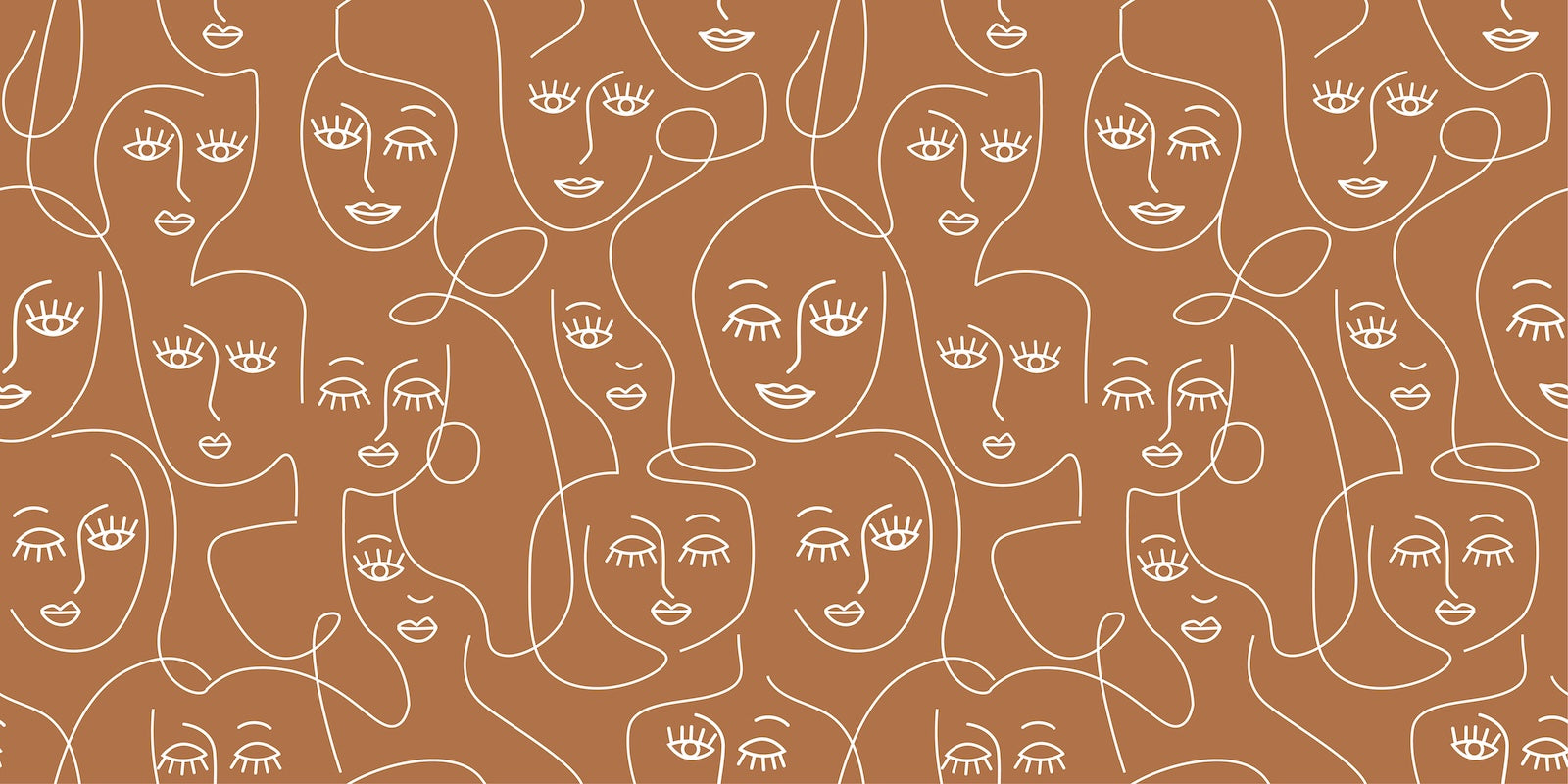 Papier Peint Line Art - Visages Blancs sur Cannelle