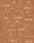 Papier Peint Line Art - Visages Blancs sur Cannelle