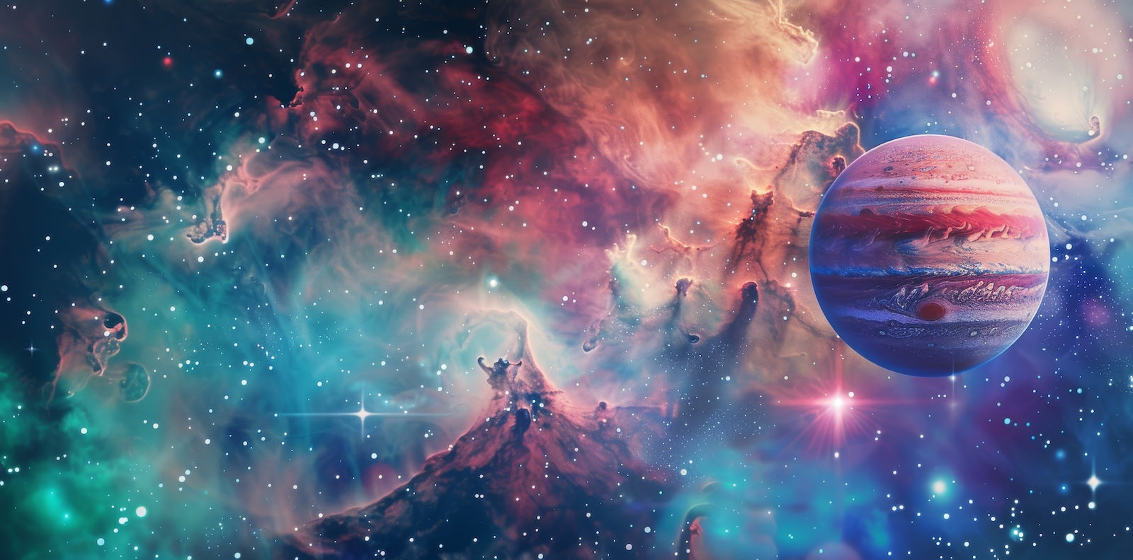 Papier Peint Espace - Nébuleuse Colorée et Planète