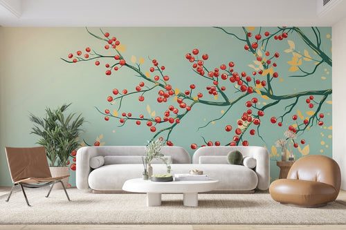 Papier Peint Floral - Branches de Baies Rouges Vert d'Eau