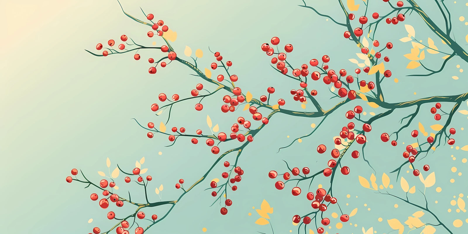 Papier Peint Floral - Branches de Baies Rouges Vert d'Eau