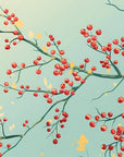 Papier Peint Floral - Branches de Baies Rouges Vert d'Eau