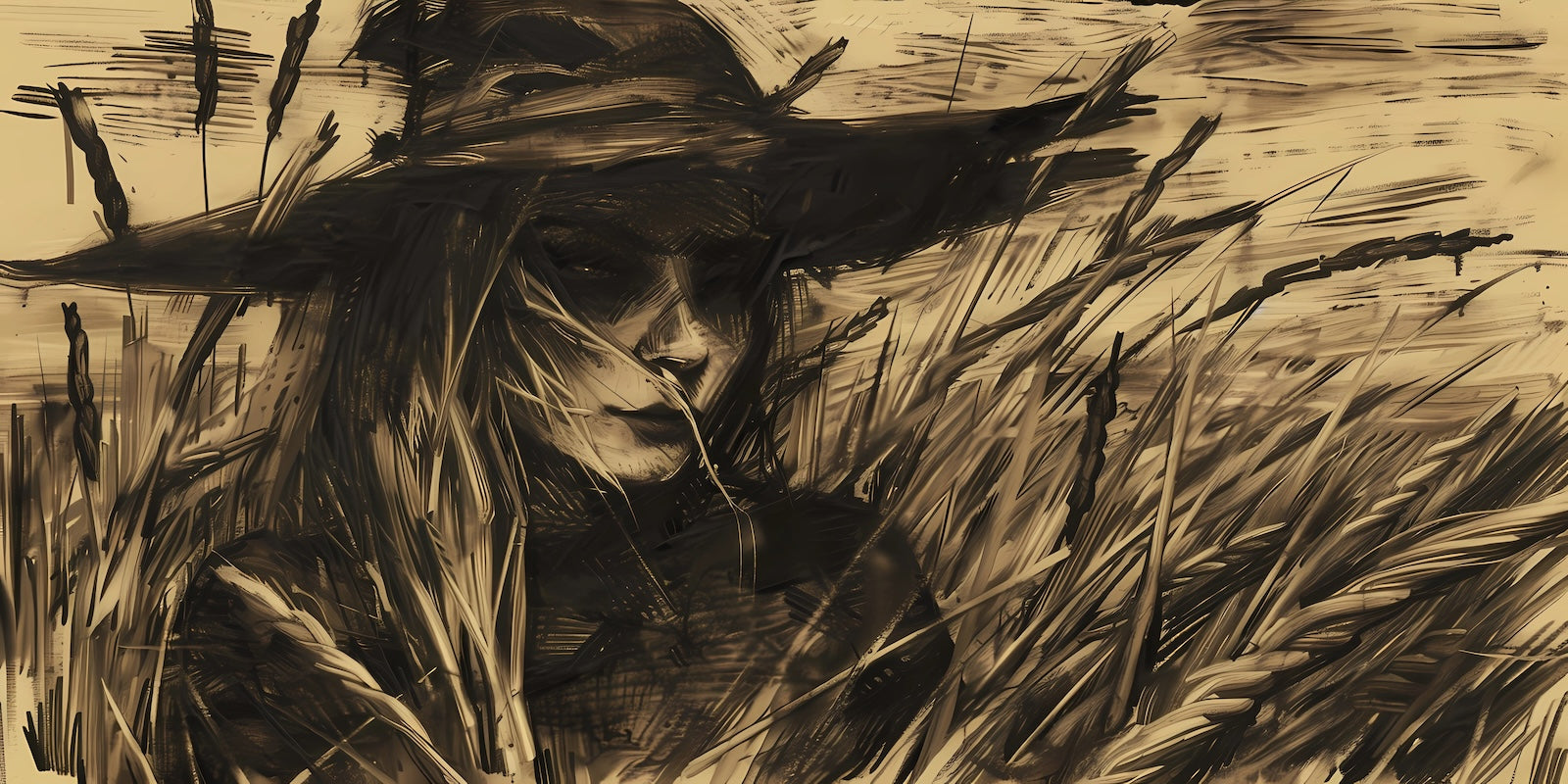 Papier Peint Abstrait - Femme au Chapeau dans les Blés