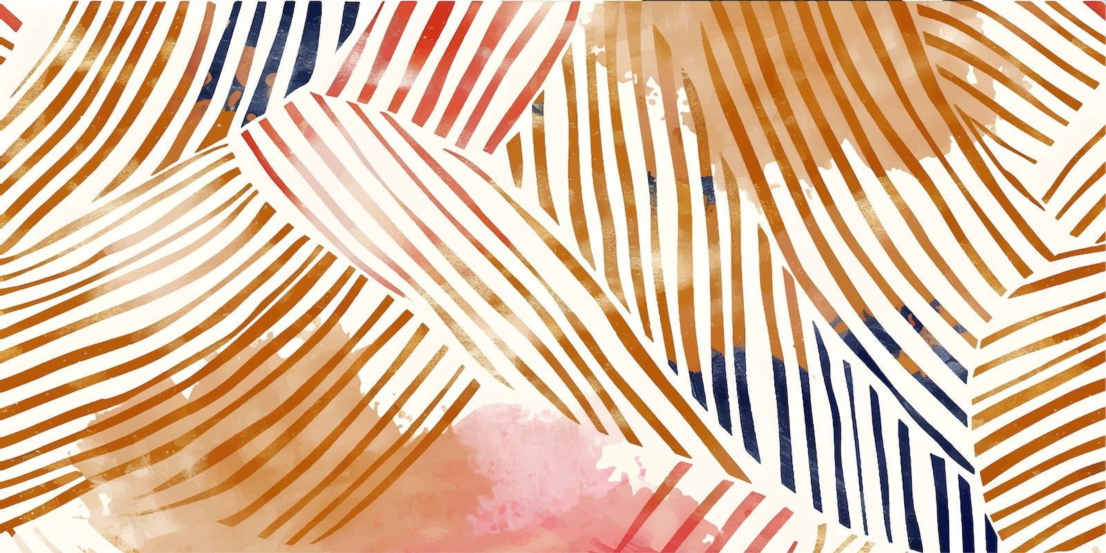 Papier Peint Tropical - Feuilles Rayées Terracotta et Marine
