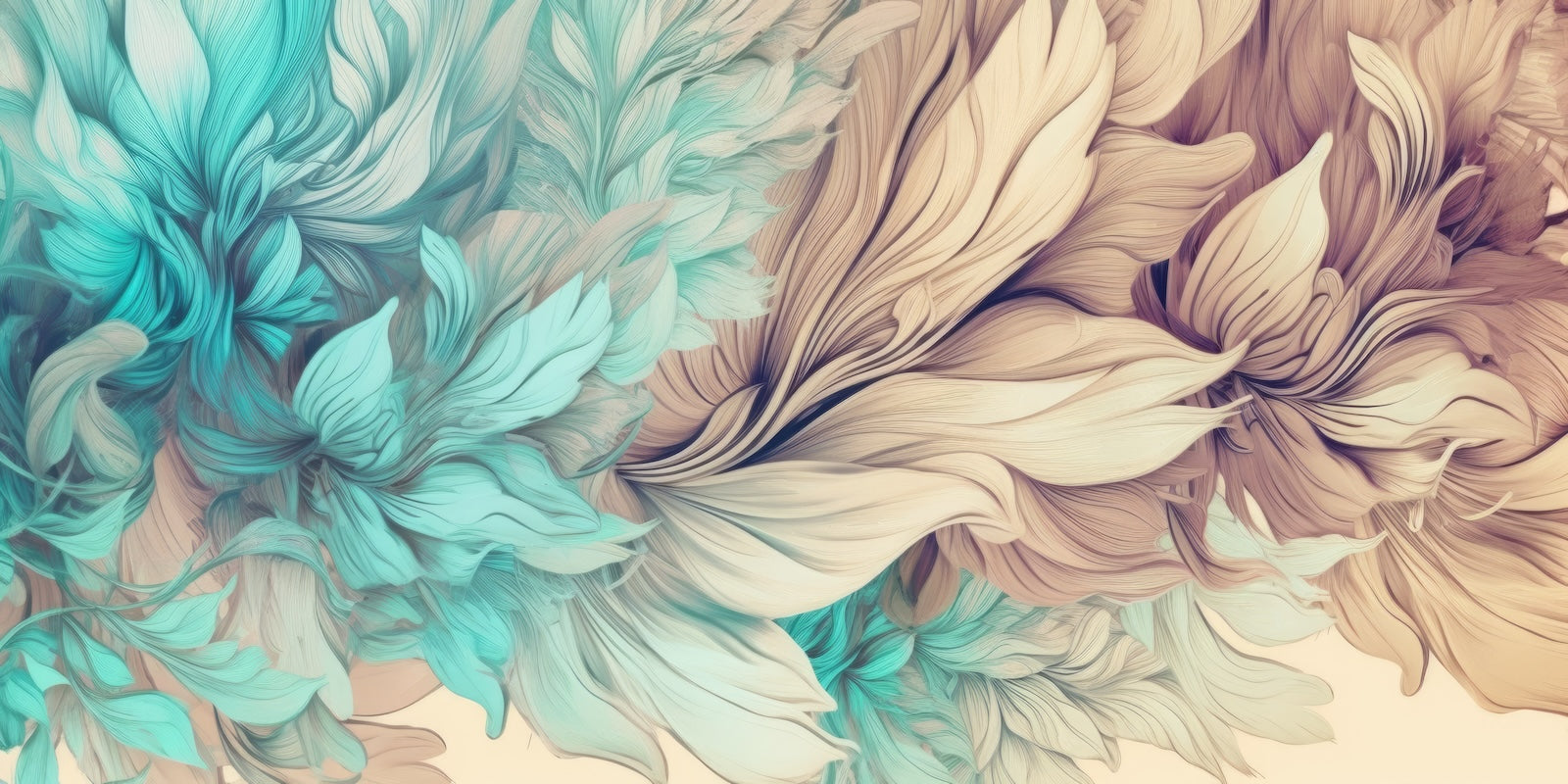 Papier Peint Floral - Pétales Sculptés Turquoise et Beige