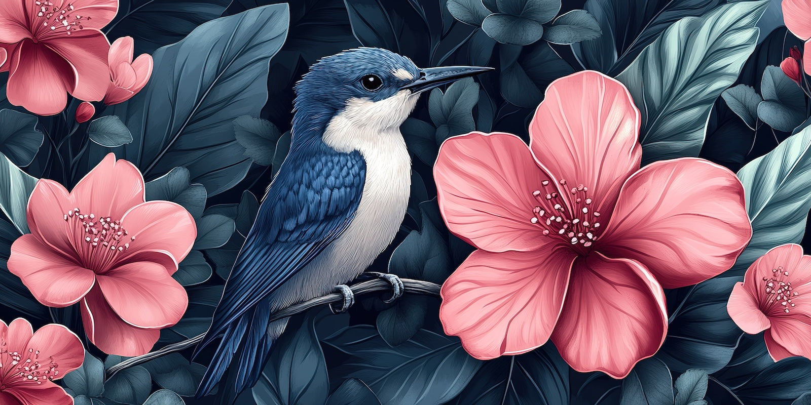 Papier Peint Oiseaux & Rapaces - Martin-Pêcheur et Hibiscus