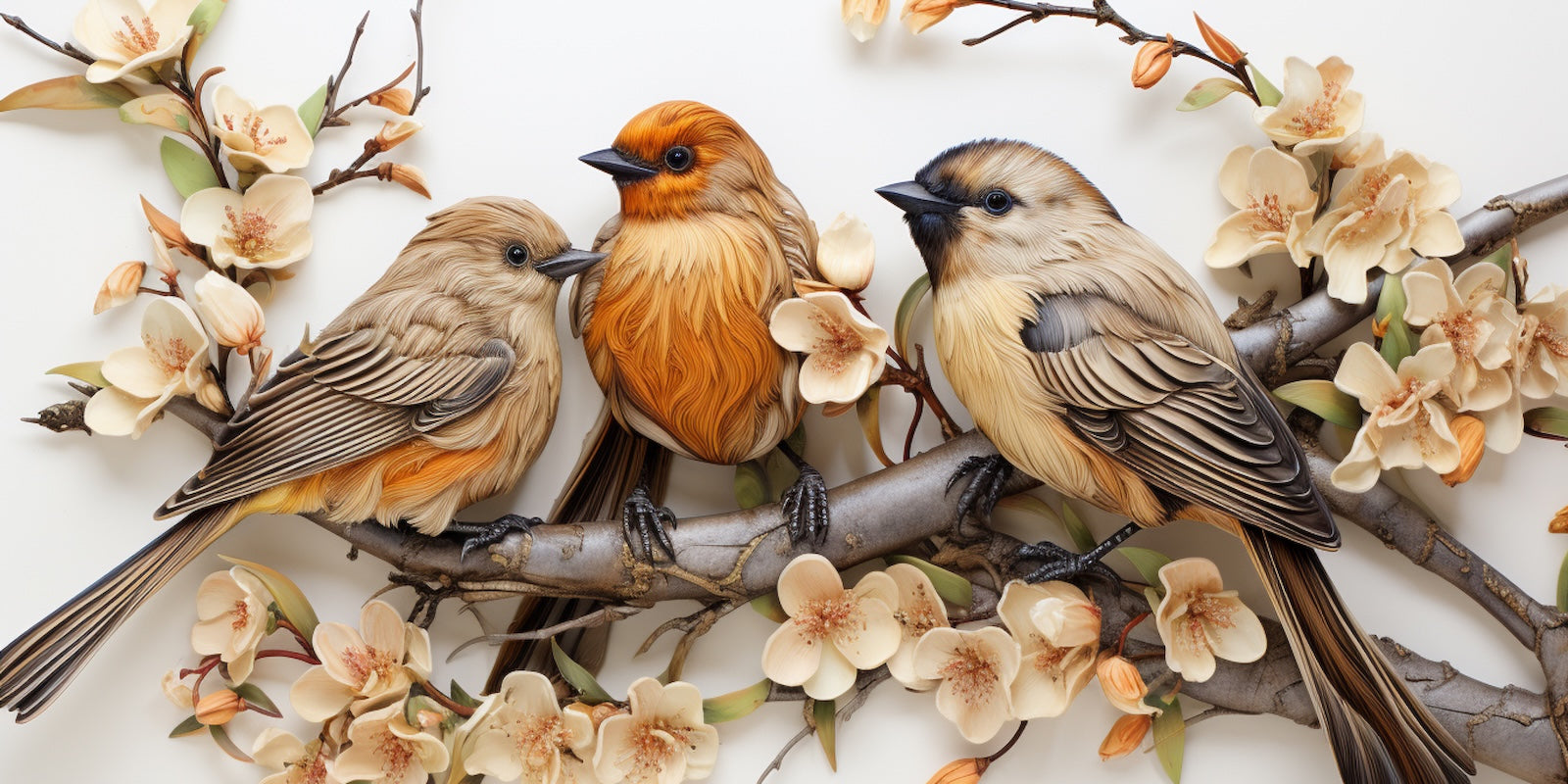 Papier Peint Oiseaux & Rapaces - Trio sur Branche Fleurie