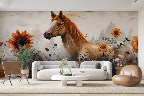 Papier Peint Animaux - Cheval et Tournesols Aquarelle