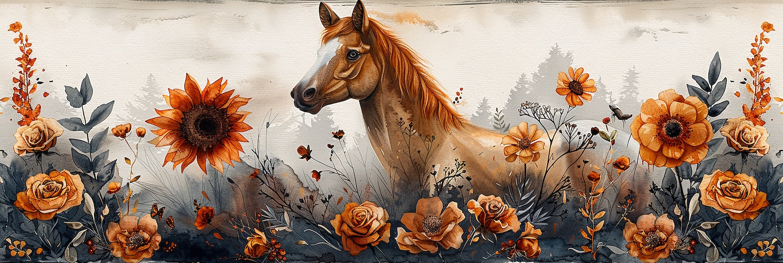 Papier Peint Animaux - Cheval et Tournesols Aquarelle
