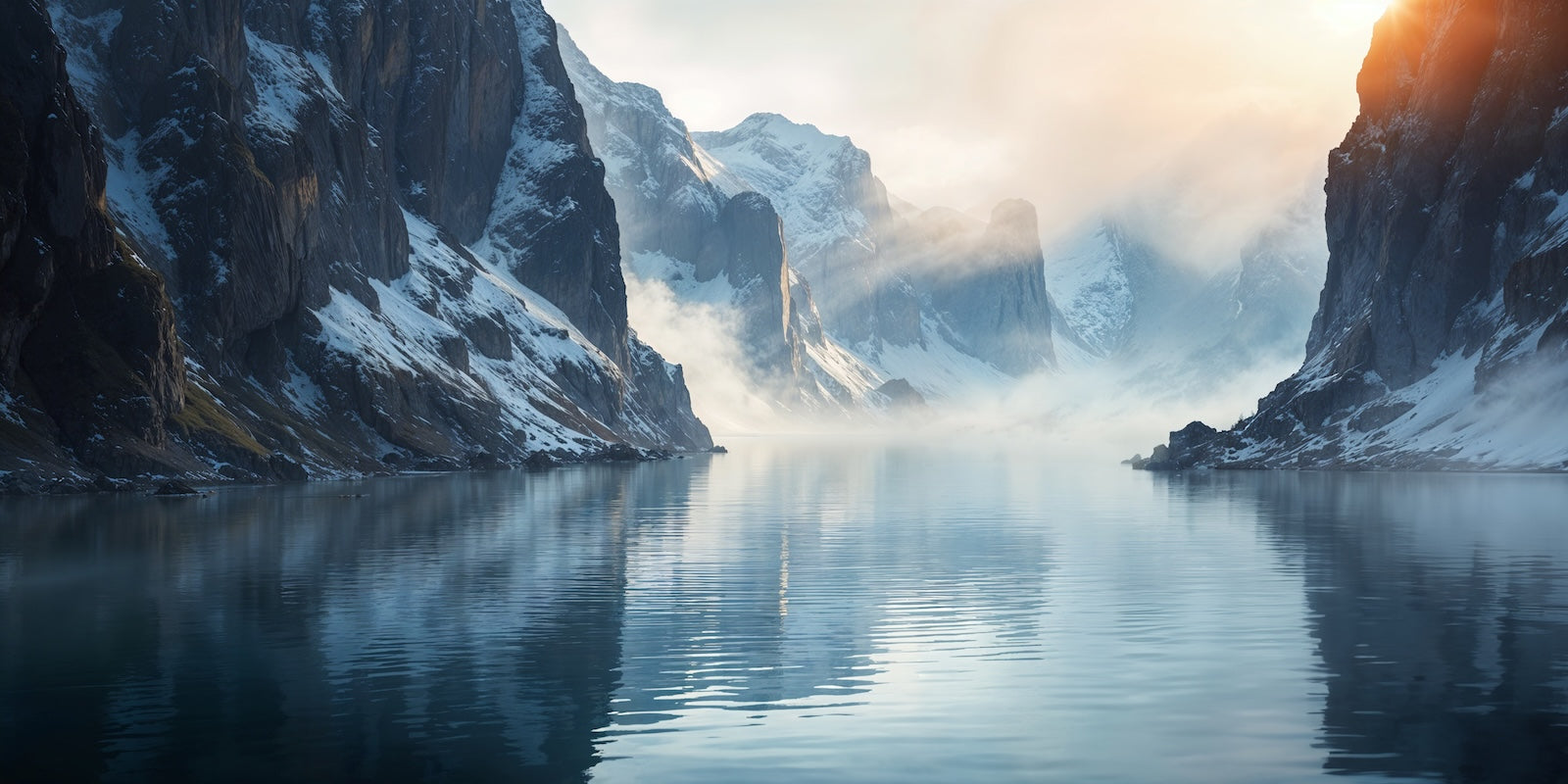Papier Peint Montagne - Fjord Enneigé et Reflet
