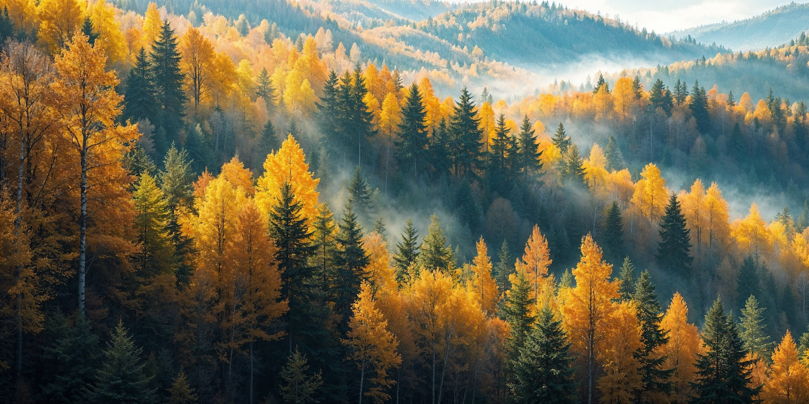 Papier Peint Forêt - Vallée Automnale Dorée et Brumeuse