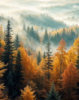 Papier Peint Forêt - Sapins et Feuillus Multicolores Brumeux