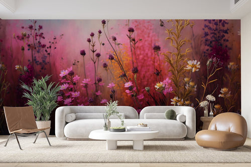 Papier Peint Floral - Prairie Sauvage Rose et Or