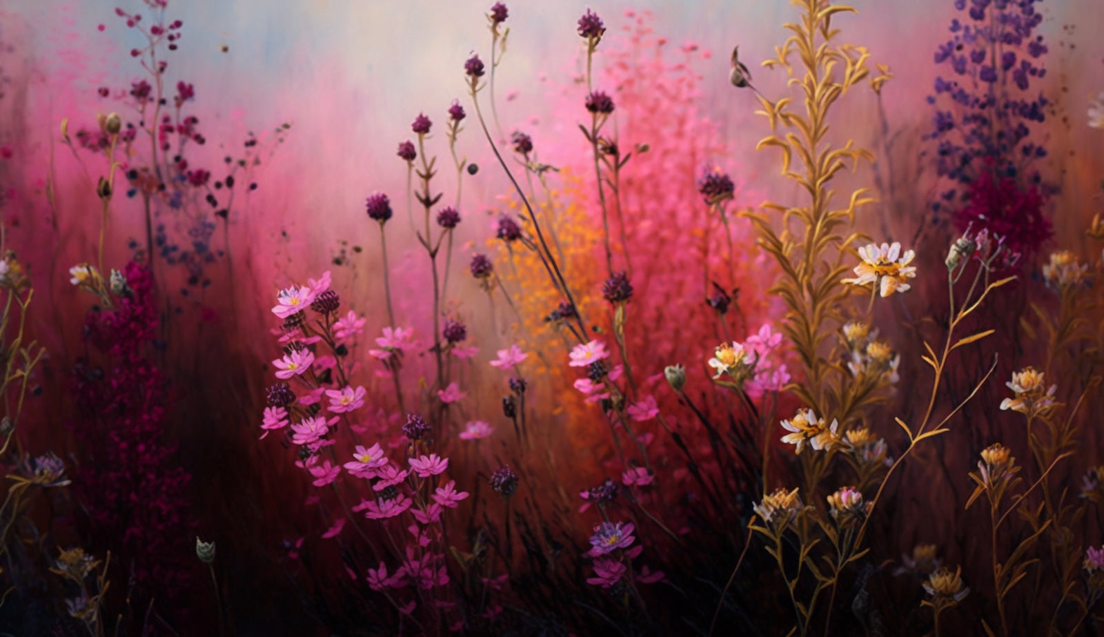 Papier Peint Floral - Prairie Sauvage Rose et Or