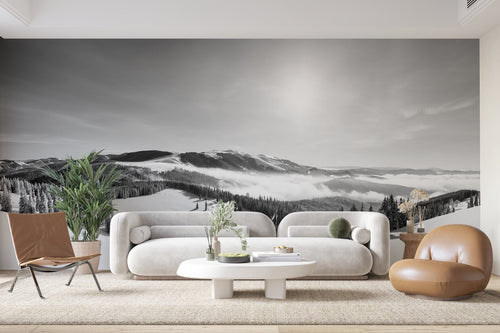 Papier Peint Noir et Blanc - Montagnes Enneigées et Brume