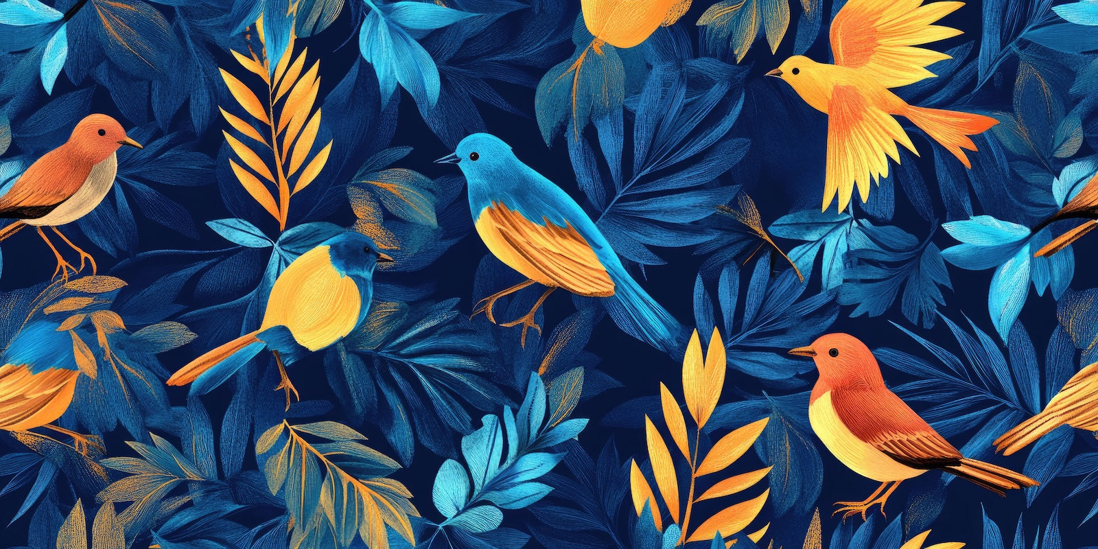 Papier Peint Oiseaux & Rapaces - Colorés sur Feuillage Bleu Nuit