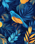 Papier Peint Oiseaux & Rapaces - Colorés sur Feuillage Bleu Nuit